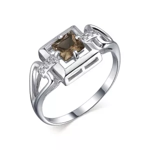 104156-010-0019 Кольцо (Ag 925) Фианит бесцветный круг 1, Раухтопаз квадрат 5
